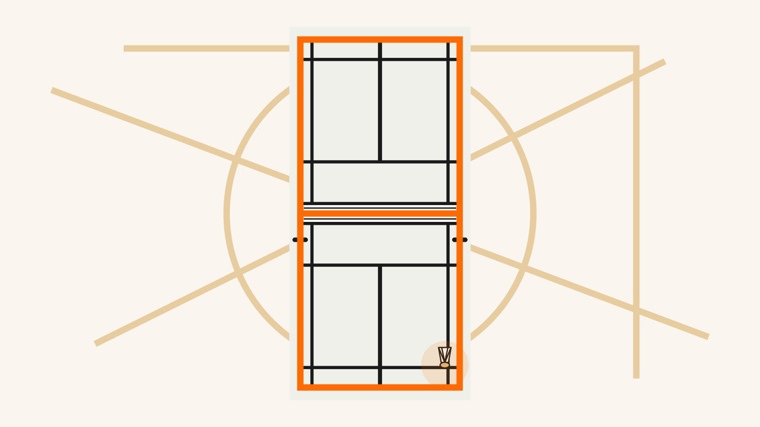 Terrain de badminton étroit mis en évidence en orange parmi de faibles marquages de gymnase intérieur, avec le bouchon d’un volant touchant la limite arrière.