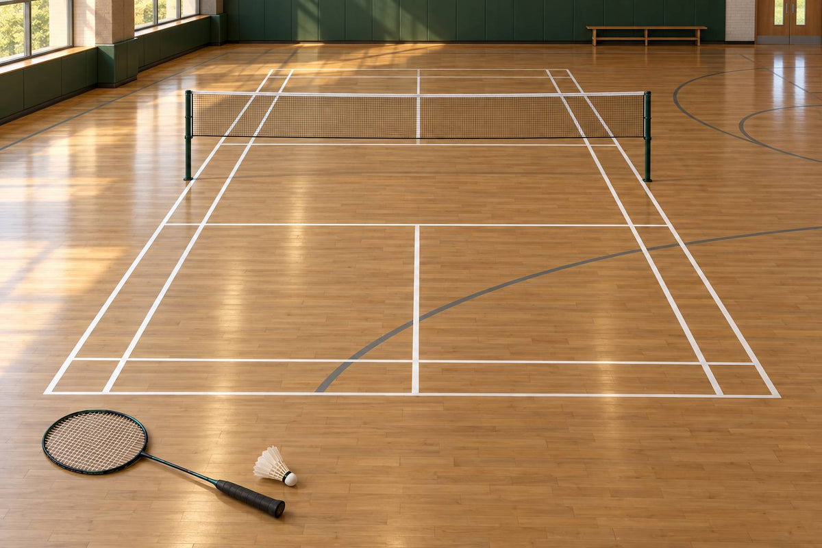 Tracer la géométrie du filet et des carrés de service aide à reconnaître les lignes de badminton dans un gymnase partagé.