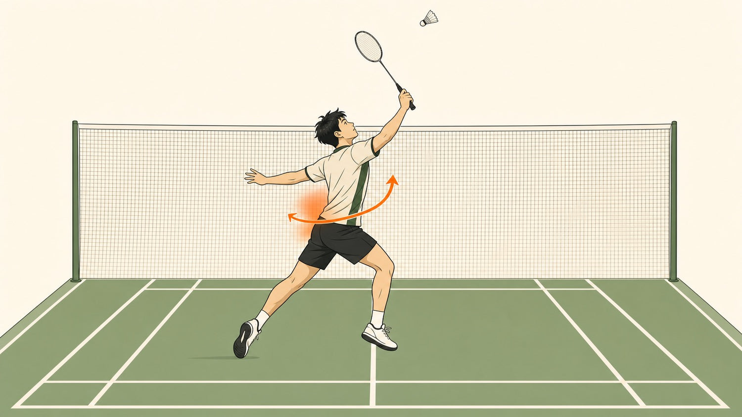 Badminton player reaching for an overhead shot with a highlighted lower back on a badminton court