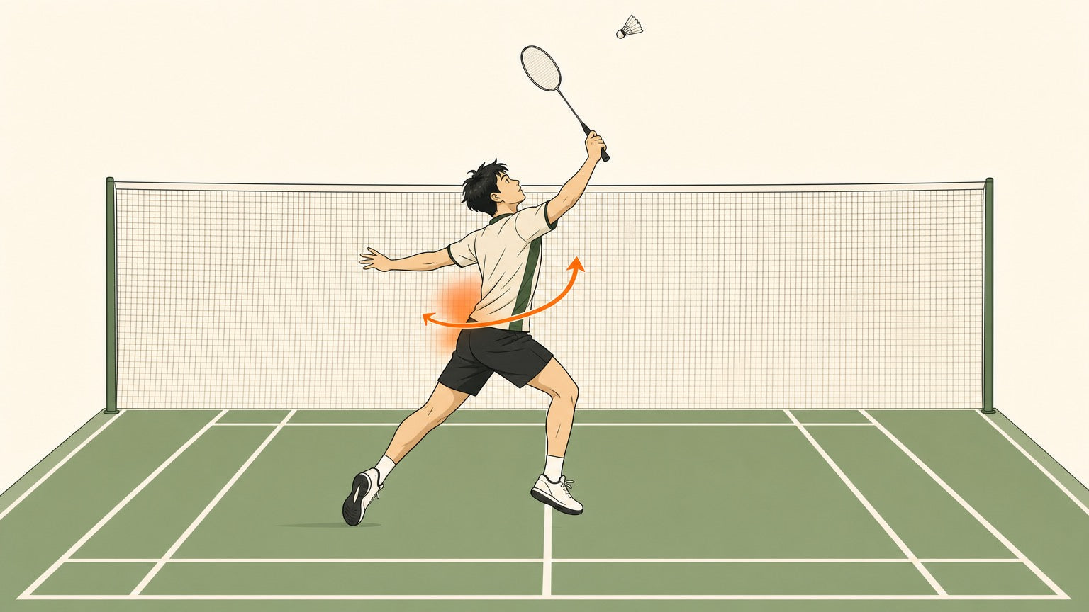 Badminton player reaching for an overhead shot with a highlighted lower back on a badminton court