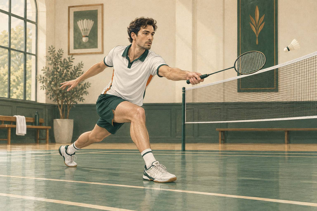 A controlled forward lunge makes the landing foot’s orientation visible against the direction of travel.