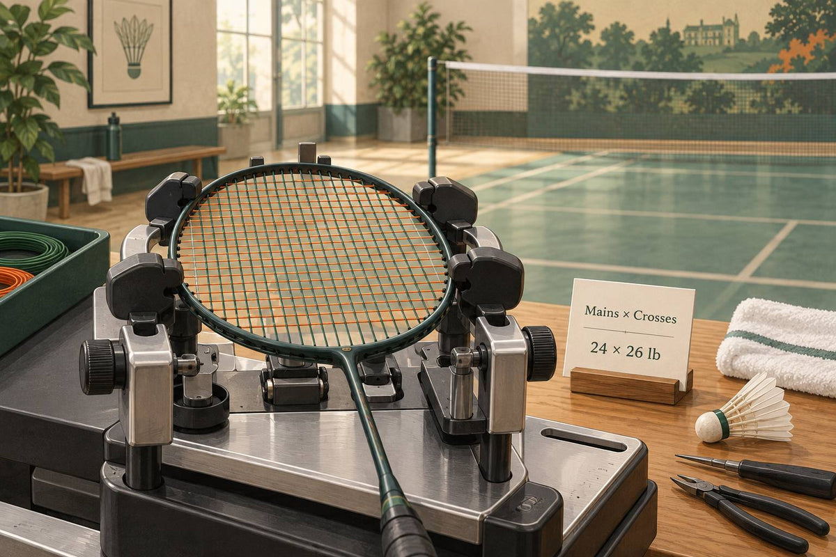 A stringing job card records the reference tension for mains first and crosses second.