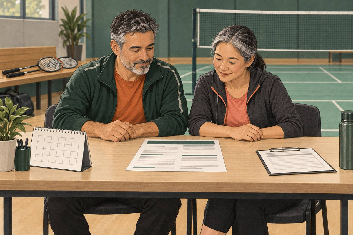 Illustration éditoriale de deux partenaires d’âge mûr lisant un avis d’inscription à une table d’accueil.
