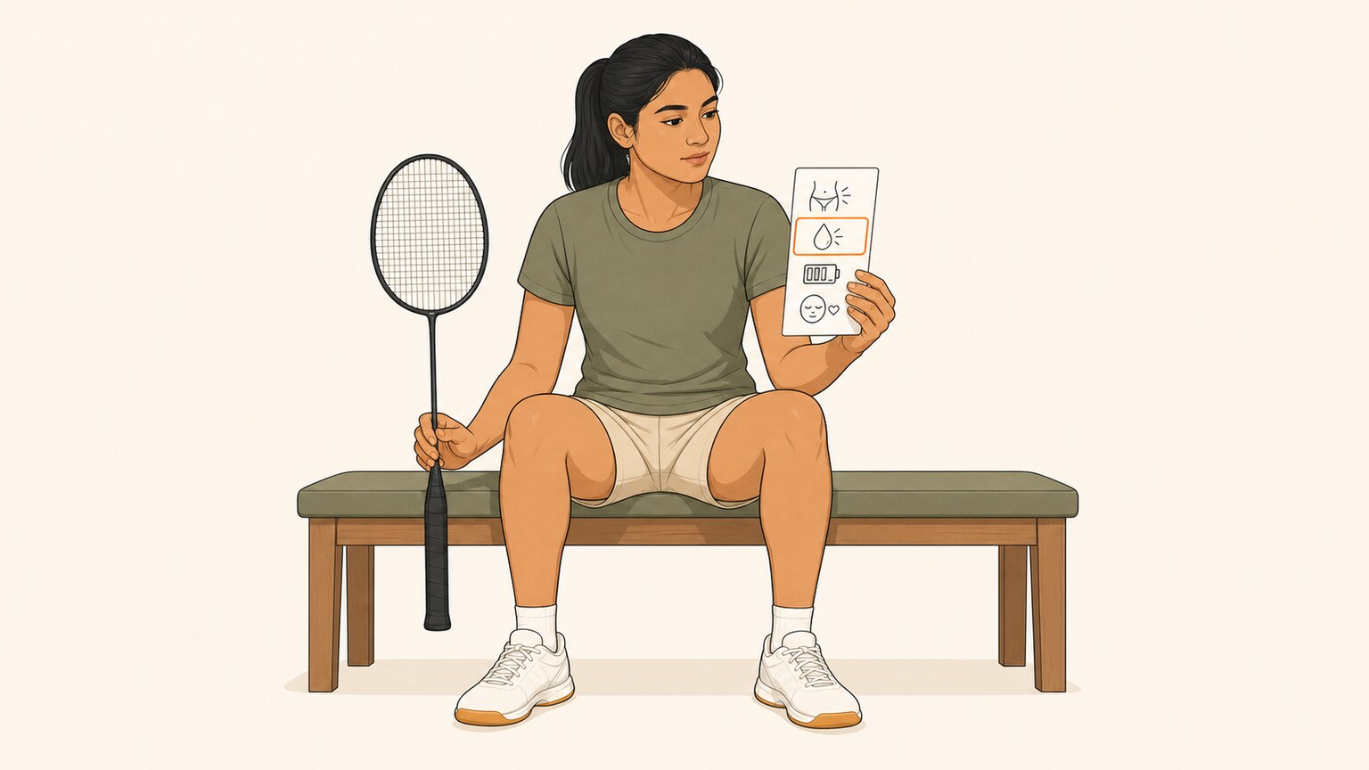 Female badminton athlete reviewing a four-part symptom readiness card before training