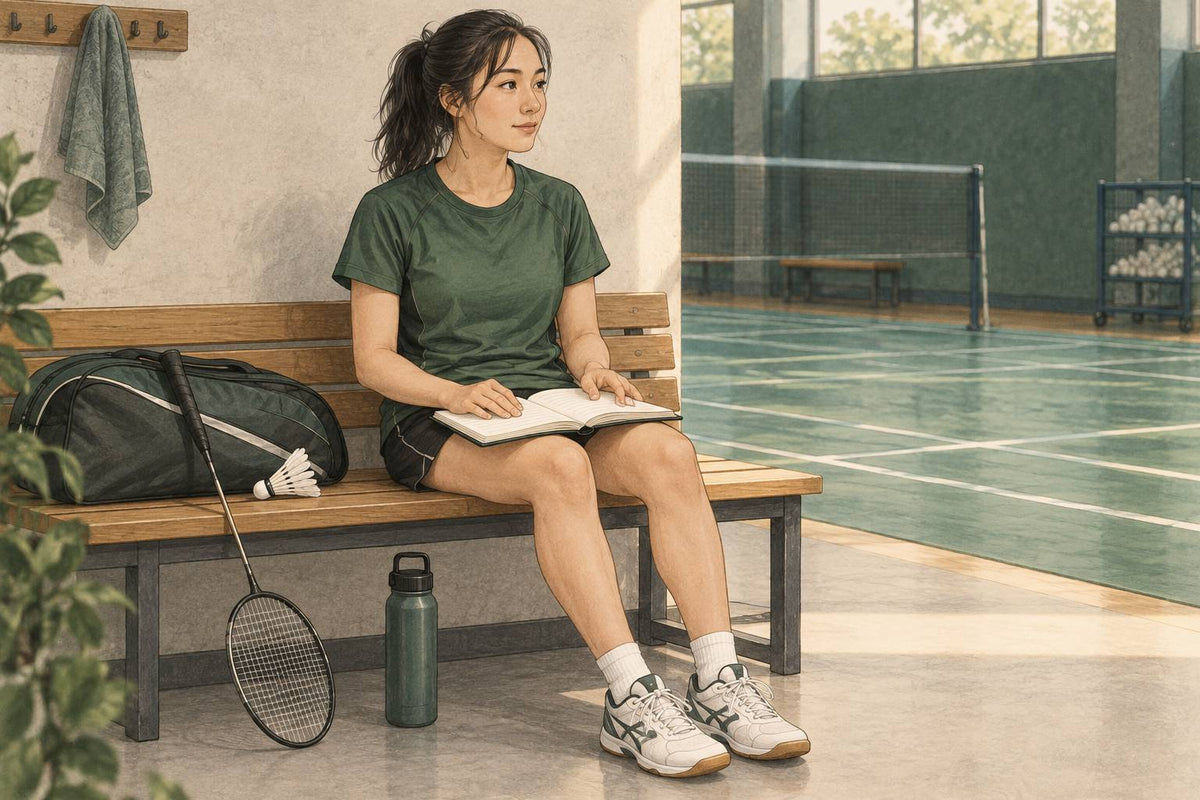 Editorial illustration of a woman athlete privately reviewing a pre-training notebook.