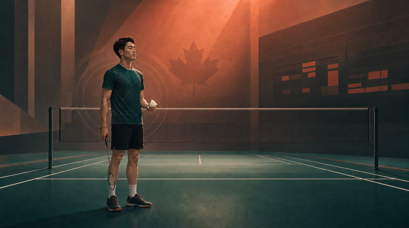 Badminton player calmly resetting between rallies on an indoor Canadian court