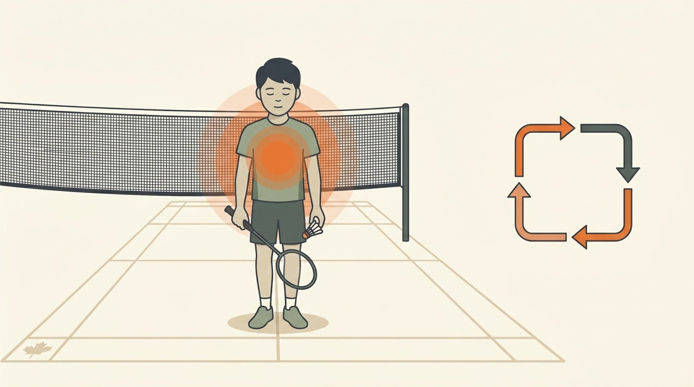 Badminton player calmly resetting between rallies on an indoor Canadian court