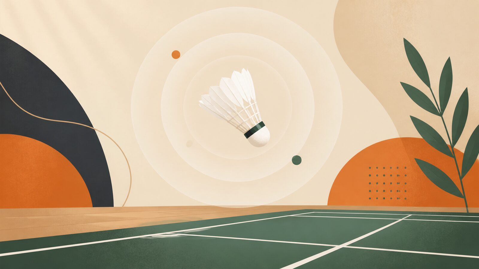 Volant illustré au-dessus d’un terrain de badminton intérieur avec des anneaux concentriques de concentration.