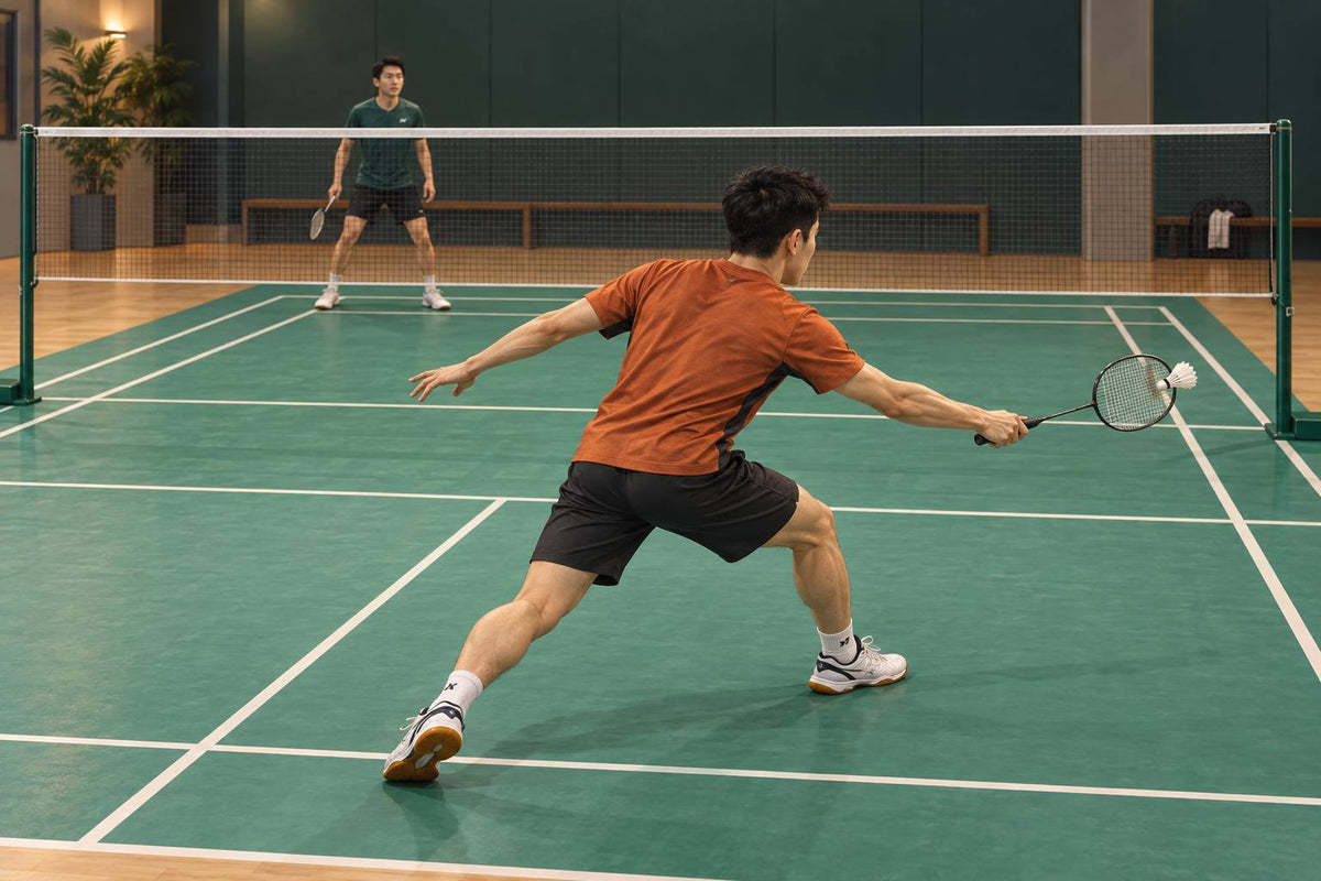 A right-handed defender reaches a wide forehand contact with a balanced lateral lunge and compact block.