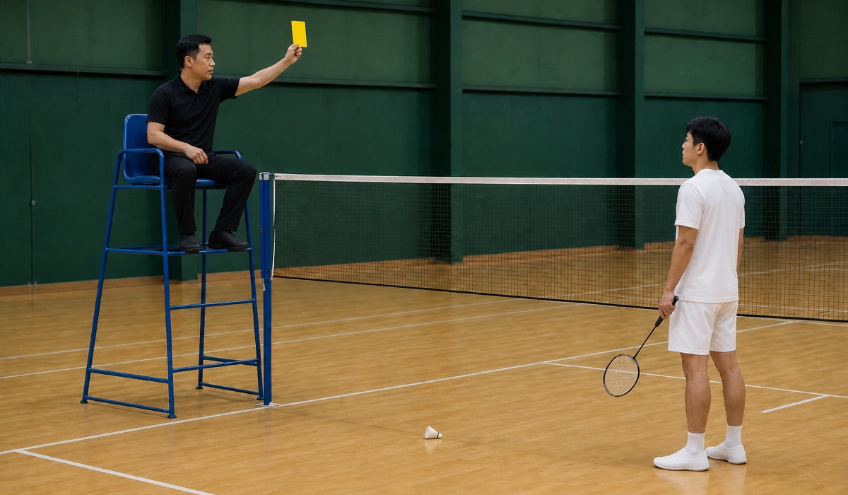 Un arbitre assis sur une haute chaise à côté du filet de badminton lève un carton jaune vers une personne debout sur le terrain intérieur.