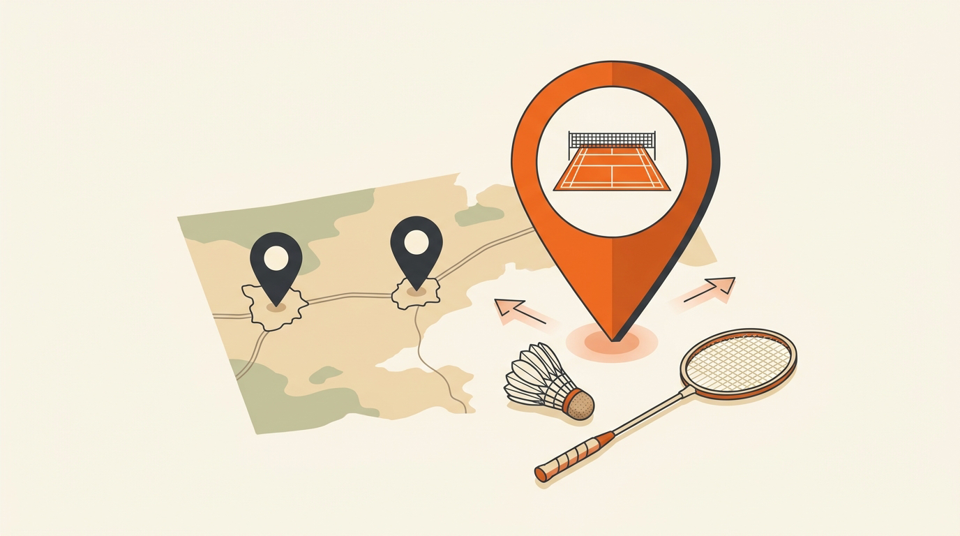 Flat-vector illustration of indoor badminton play in Mississauga and Brampton, in Badminton House's cream and orange editorial style