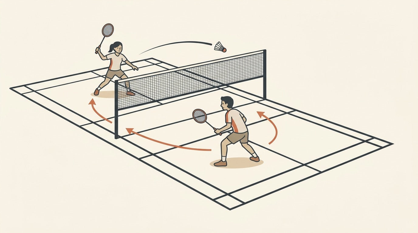 Illustration of a mixed doubles badminton pair using front-and-back positioning with rotation paths on court