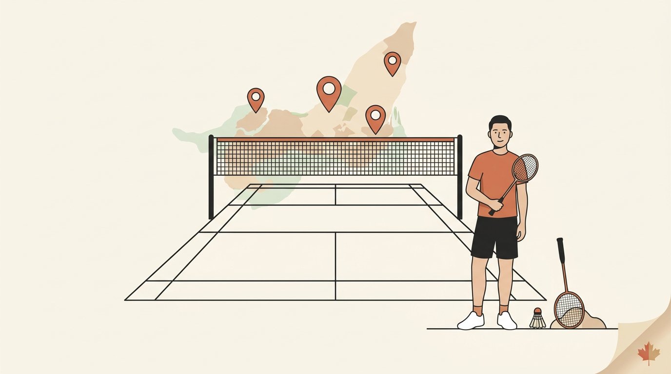 Flat-vector illustration of indoor badminton play in Montreal, in Badminton House's cream and orange editorial style