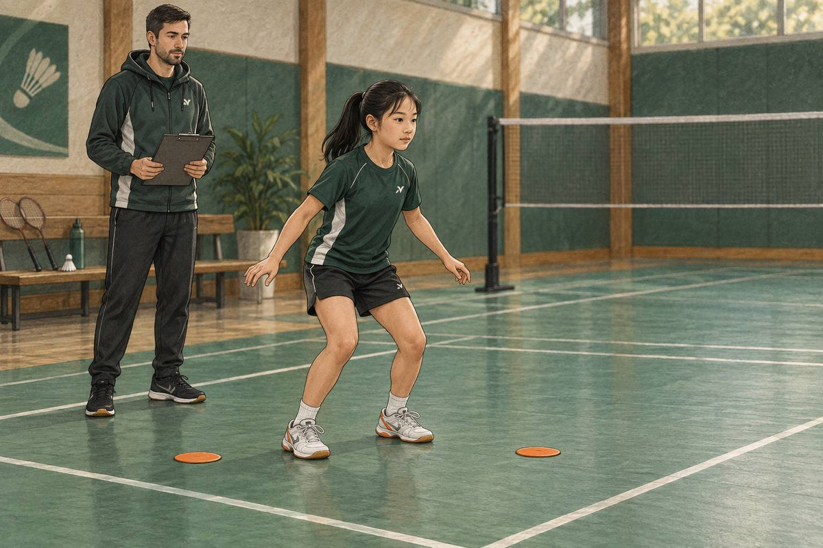 Editorial illustration of a junior holding a balanced two-foot landing while a coach observes from outside the movement area.