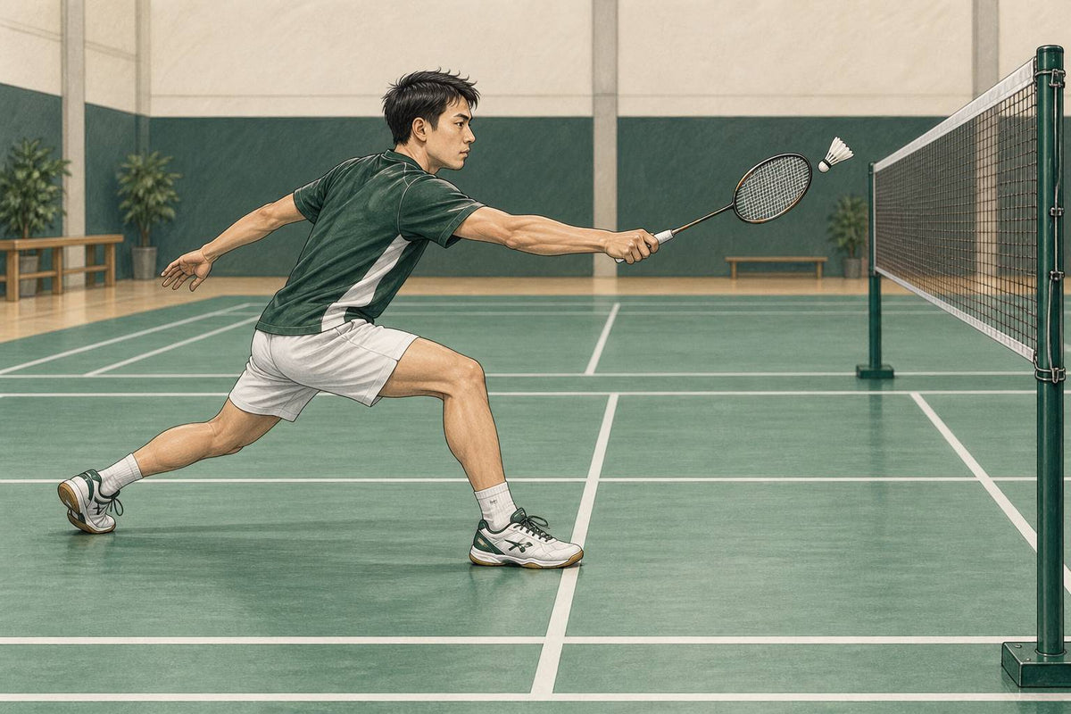 Editorial illustration of a right-handed player in a balanced forecourt lunge.