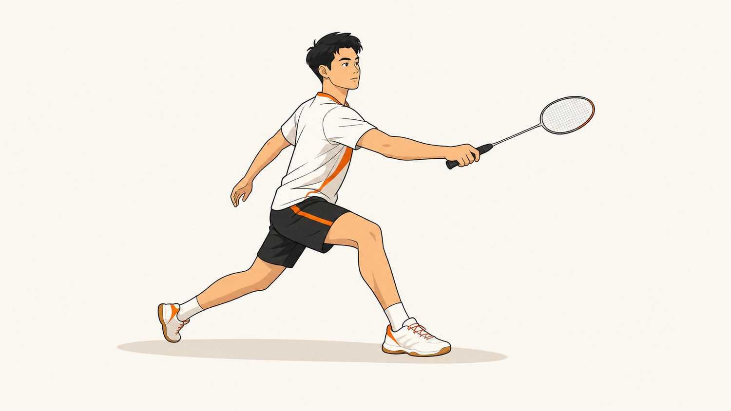 Flat vector banner of one badminton player making a controlled racket-foot lunge on an abstract floor shadow