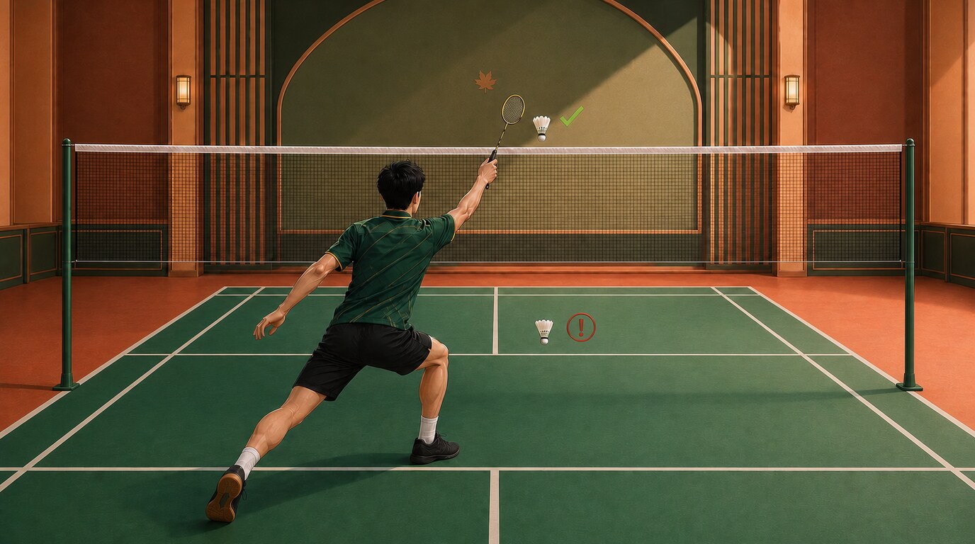 Terrain avant de badminton illustré avec des zones de décision selon la hauteur du volant pour choisir les coups au filet
