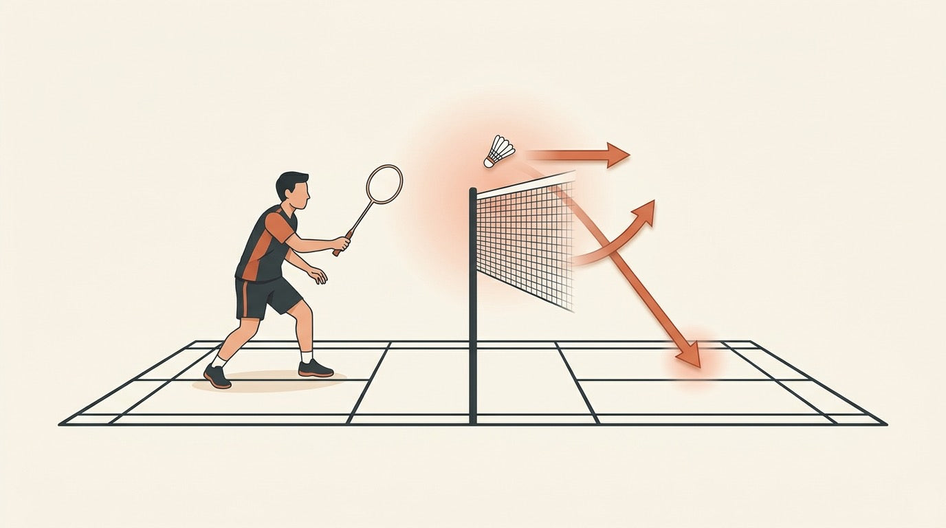Illustrated badminton forecourt with shuttle-height decision zones for choosing net shots