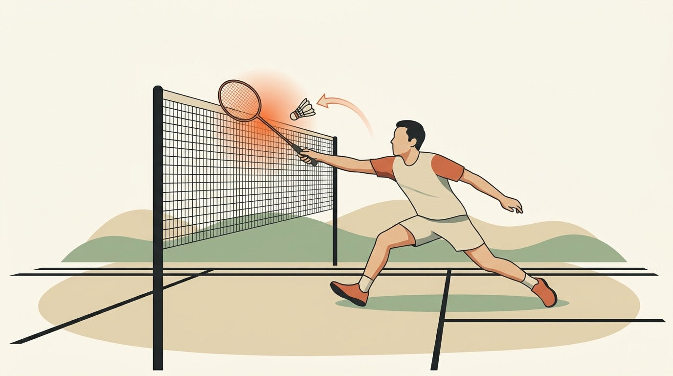 Illustration of a badminton player lunging at the net to play a soft spinning net shot