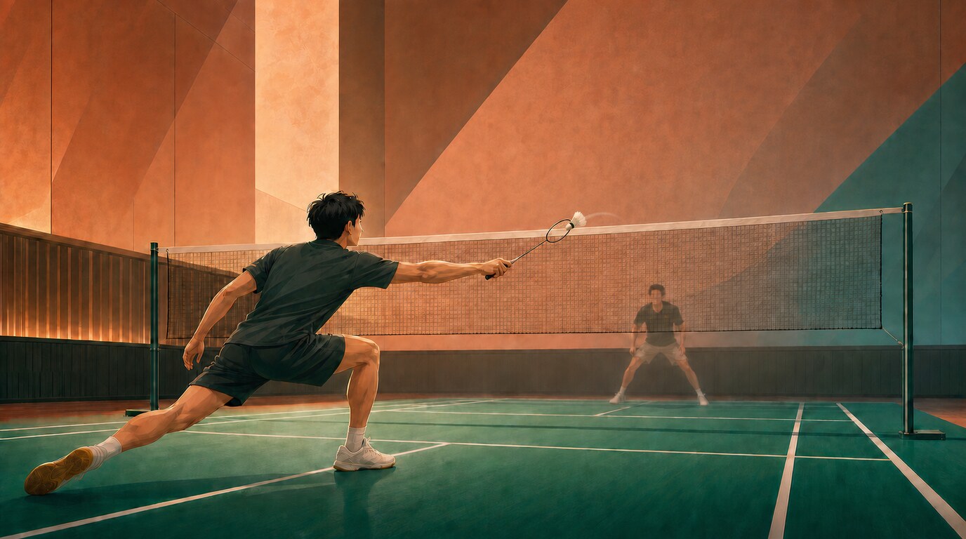 Illustration of a badminton player lunging at the net to play a soft spinning net shot