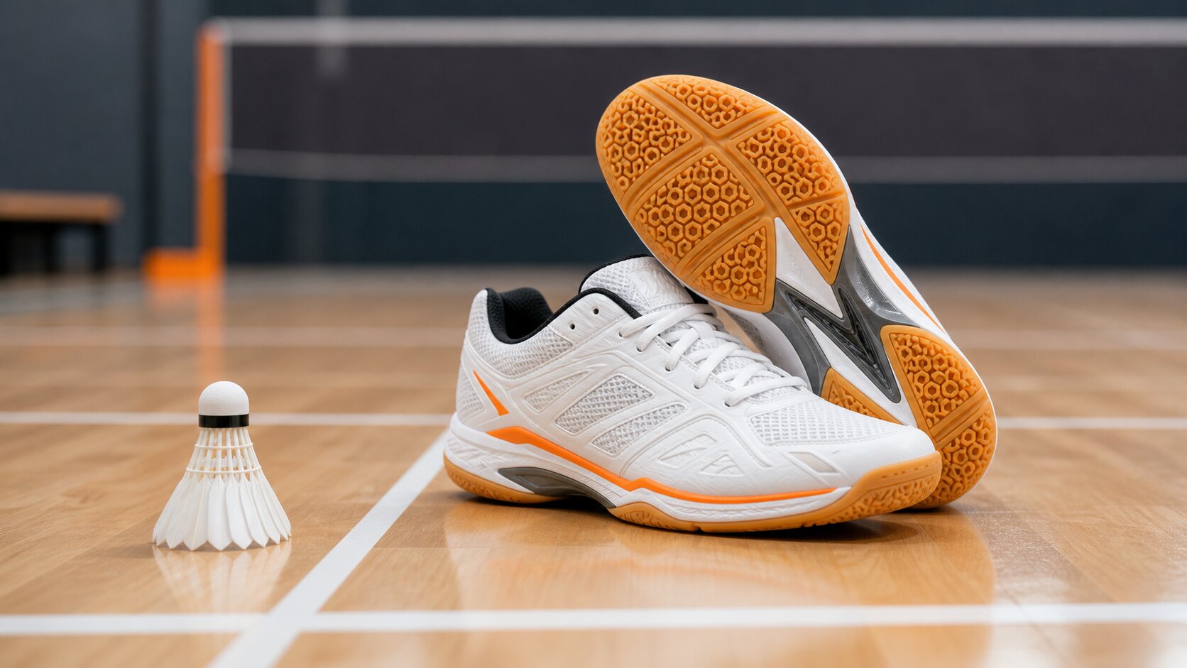 Non-marking badminton court shoes beside a shuttlecock on a polished indoor court.