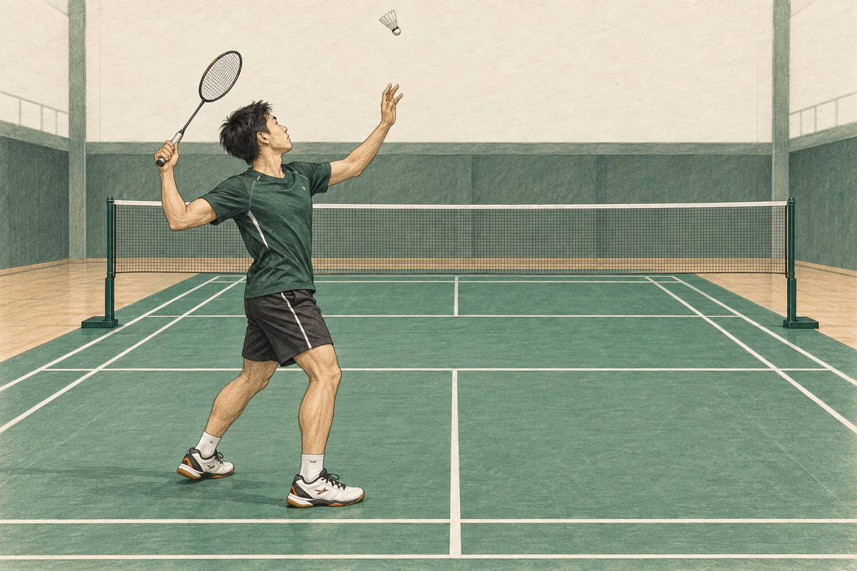 Editorial illustration of a right-handed player preparing an overhead with a relaxed left lead arm.