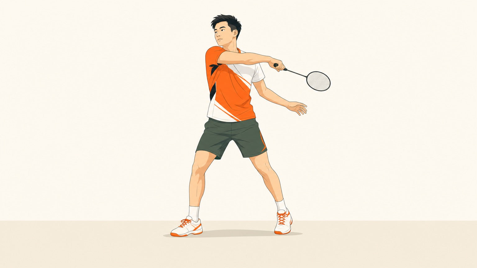 Full-body badminton player in a balanced post-overhead recovery stance with the racket arm following across the body and the non-racket arm extended for counterbalance