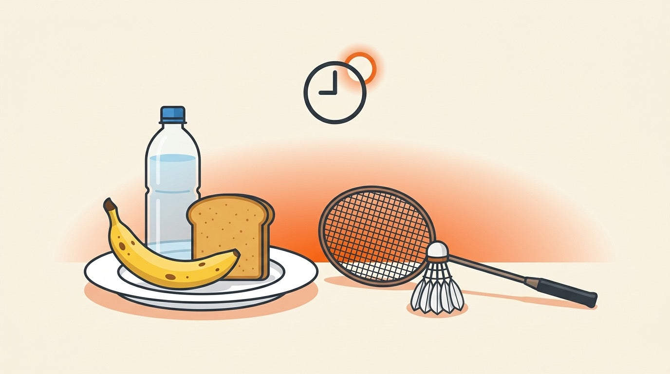 Illustration of a badminton player courtside with water and simple pre- and post-play snacks in a warm Canadian gym