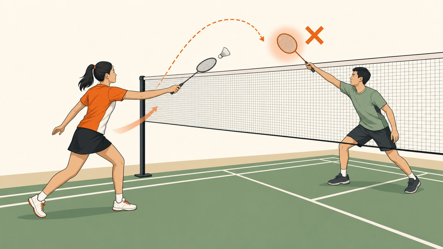 Flat illustration of a badminton net-play obstruction where one player blocks the opponent's legal follow-through with a racket near the net.