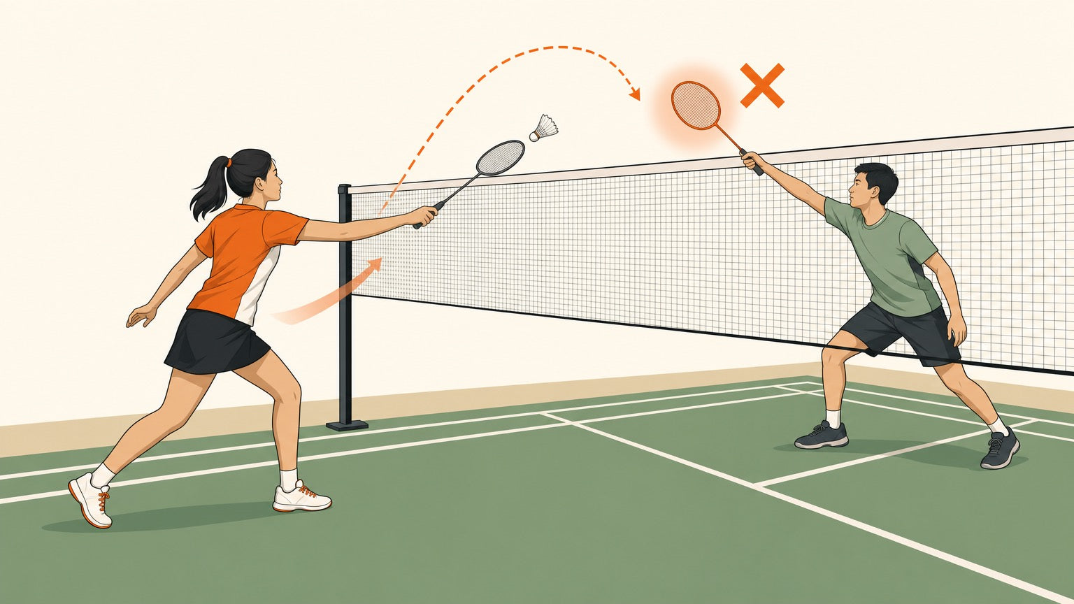 Flat illustration of a badminton net-play obstruction where one player blocks the opponent's legal follow-through with a racket near the net.