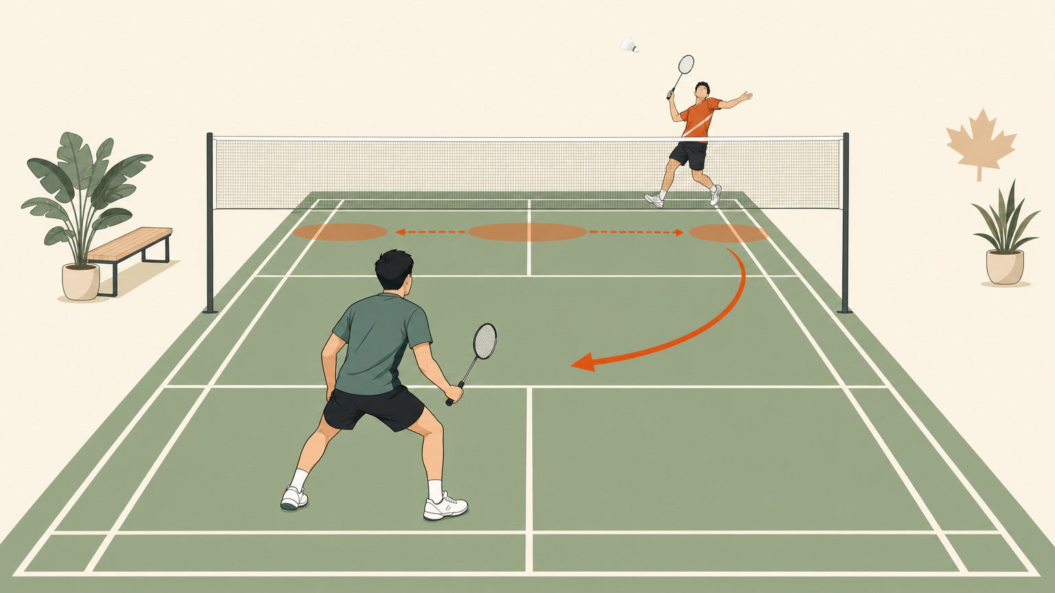 Flat vector badminton banner showing one player reading an opponent’s movement pattern during a singles rally