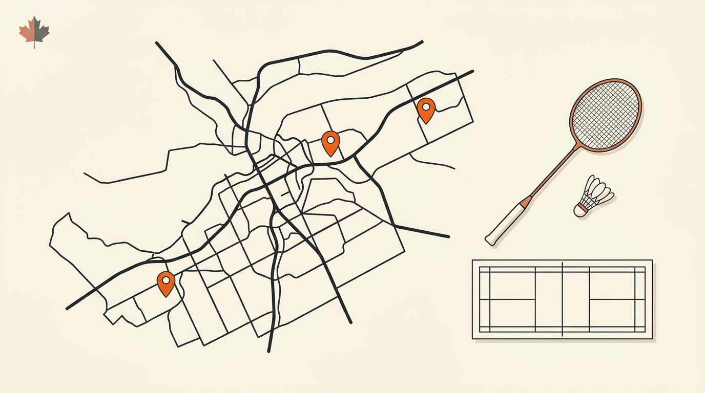 Flat-vector illustration of indoor badminton play in Ottawa, in Badminton House's cream and orange editorial style