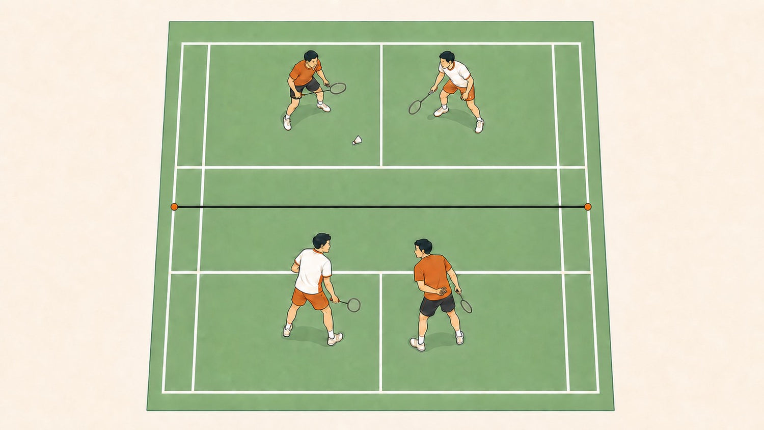 Two badminton doubles partners using eye contact and a hidden hand cue before a point