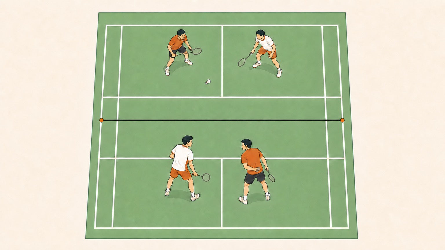 Two badminton doubles partners using eye contact and a hidden hand cue before a point