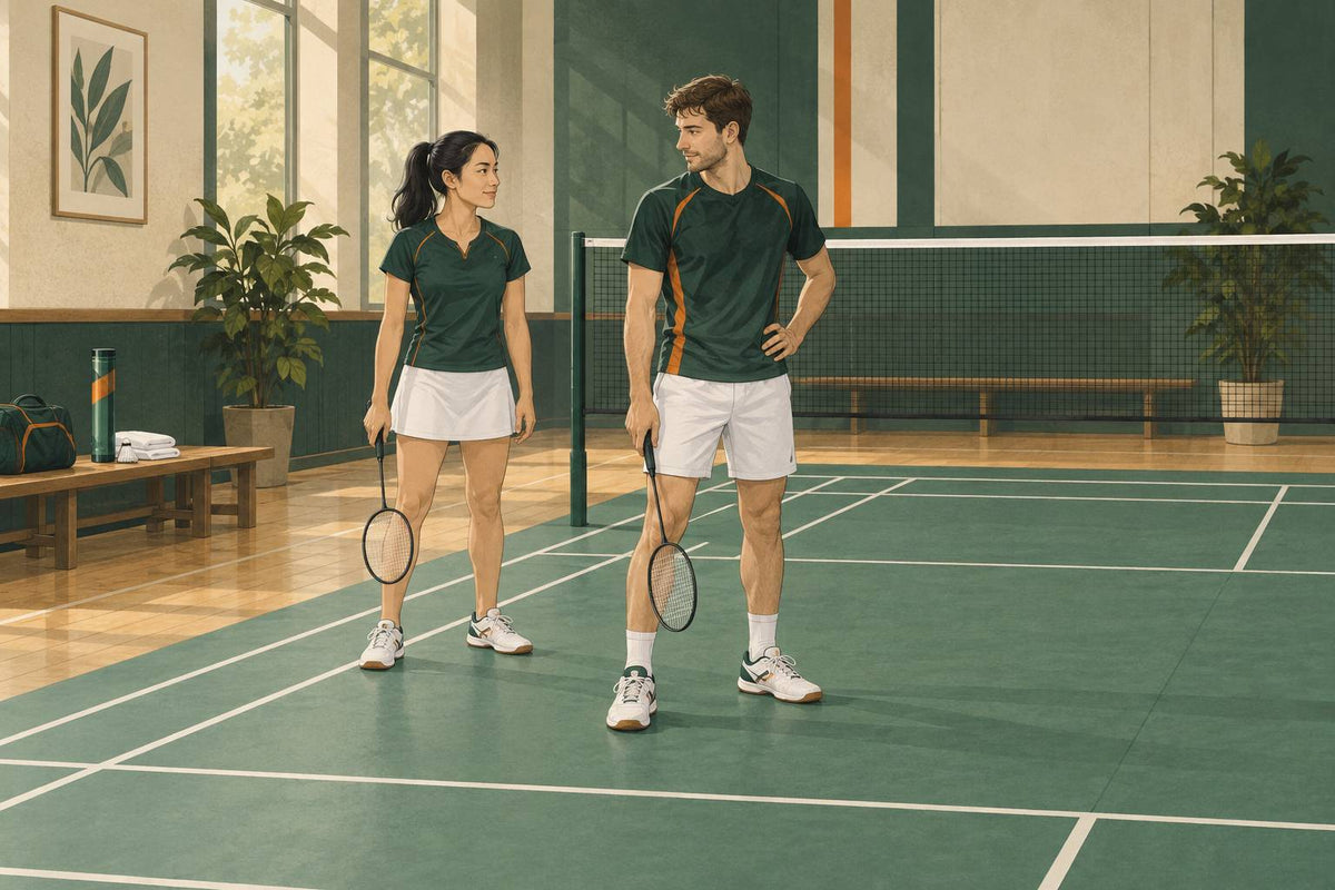 Doubles partners confirm a simple shared plan before the next serve.