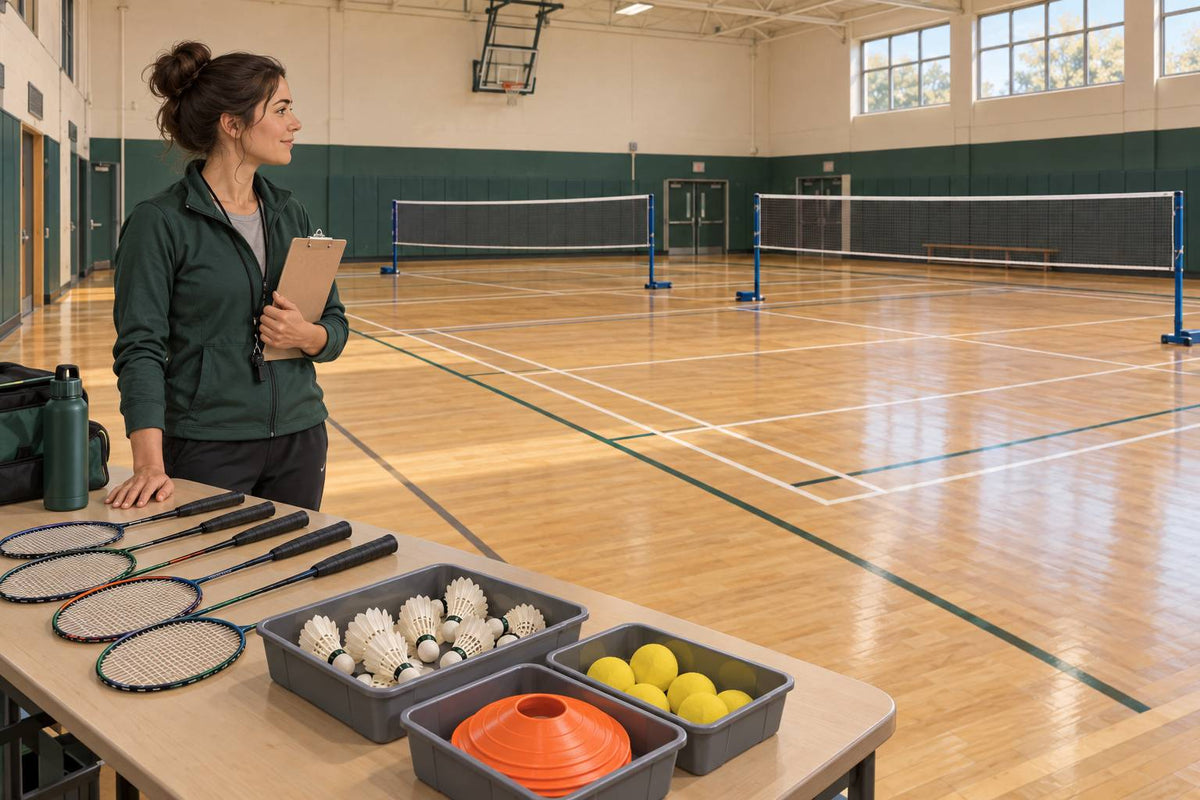 A teacher prepares equipment and court stations for an adaptable three-lesson introduction.