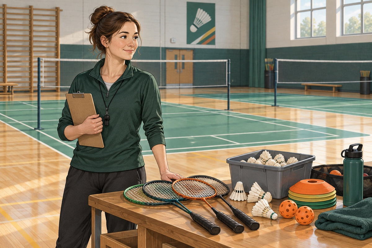 A compact equipment station introduces an adaptable badminton unit for a large PE class.