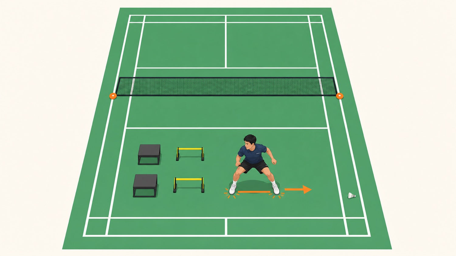 Flat vector banner of a badminton player progressing through plyometric landing and lateral jump drills on a badminton court