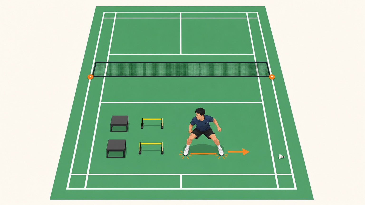 Flat vector banner of a badminton player progressing through plyometric landing and lateral jump drills on a badminton court