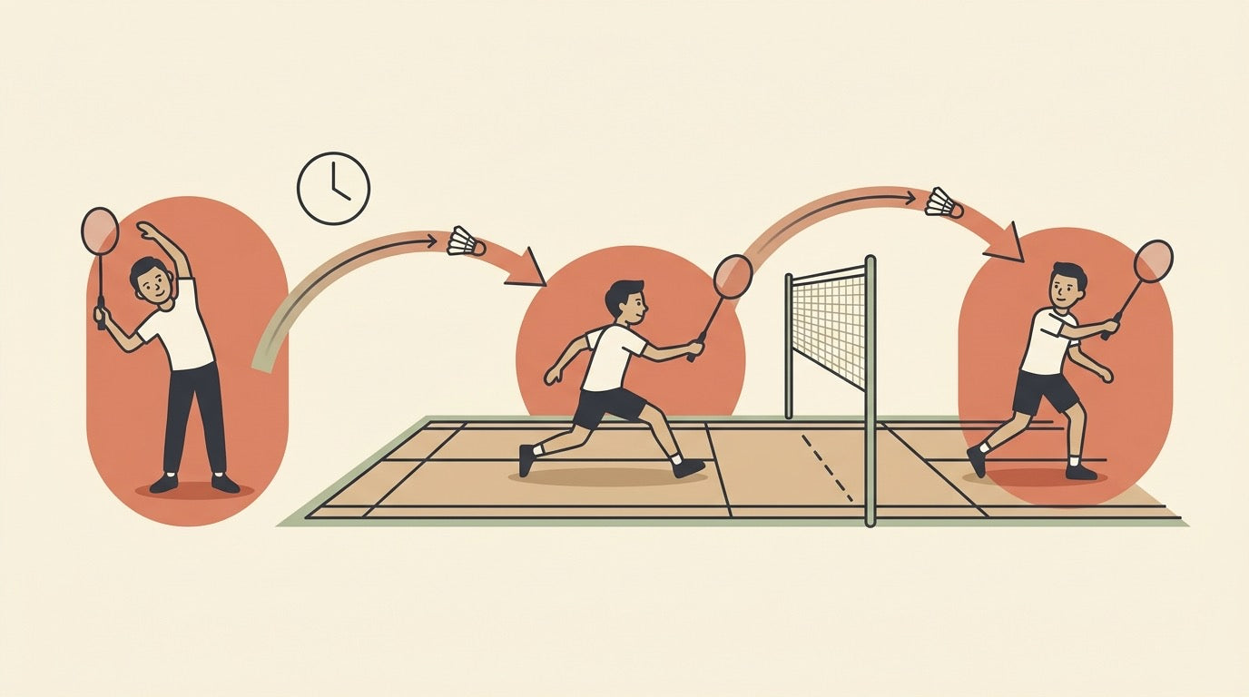 Adult badminton players running a structured practice session with feeding drills and target zones on an indoor court