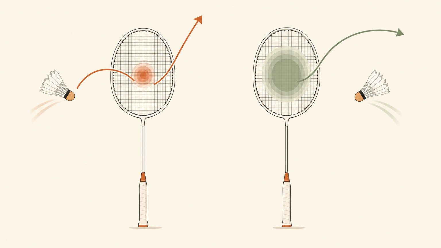 Two badminton rackets comparing a small high-tension sweet spot with a larger forgiving sweet spot