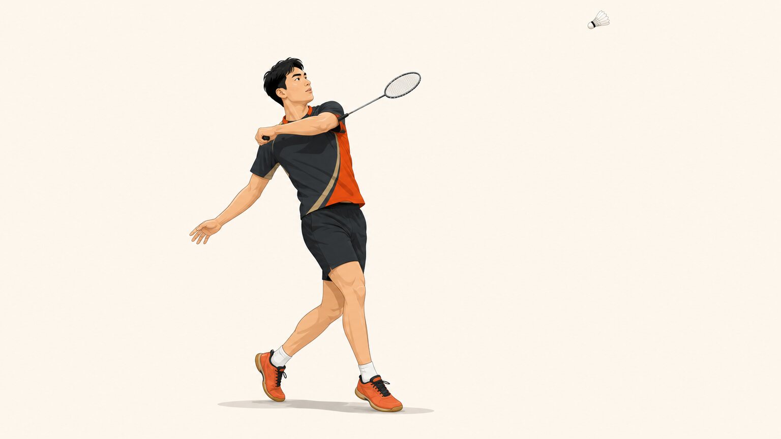 Badminton player balanced after a high punch clear with the racket finishing compactly across the upper torso