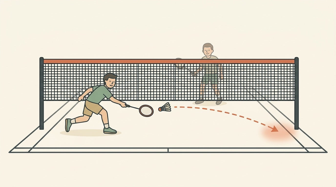 Illustration of a doubles badminton player using a low flat push shot toward the sideline gap