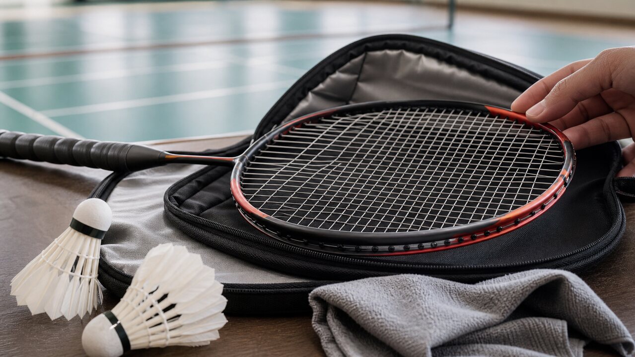 Badminton racket in a protective case with strings, grommets, grip, shuttlecocks, and microfiber cloth on a pro-shop counter.