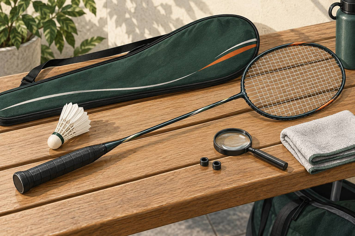 Editorial racket care still life with sleeve and small inspection tools.