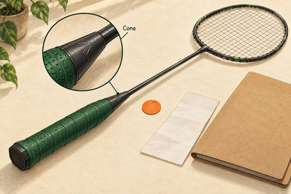 Generic badminton racket with the cone between grip and shaft enlarged in an illustrative inset.
