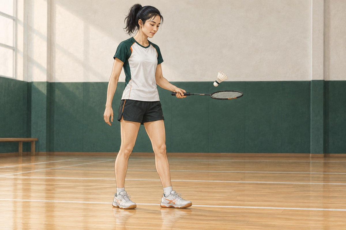 A player keeps one shuttle above the racket while practising controlled taps.