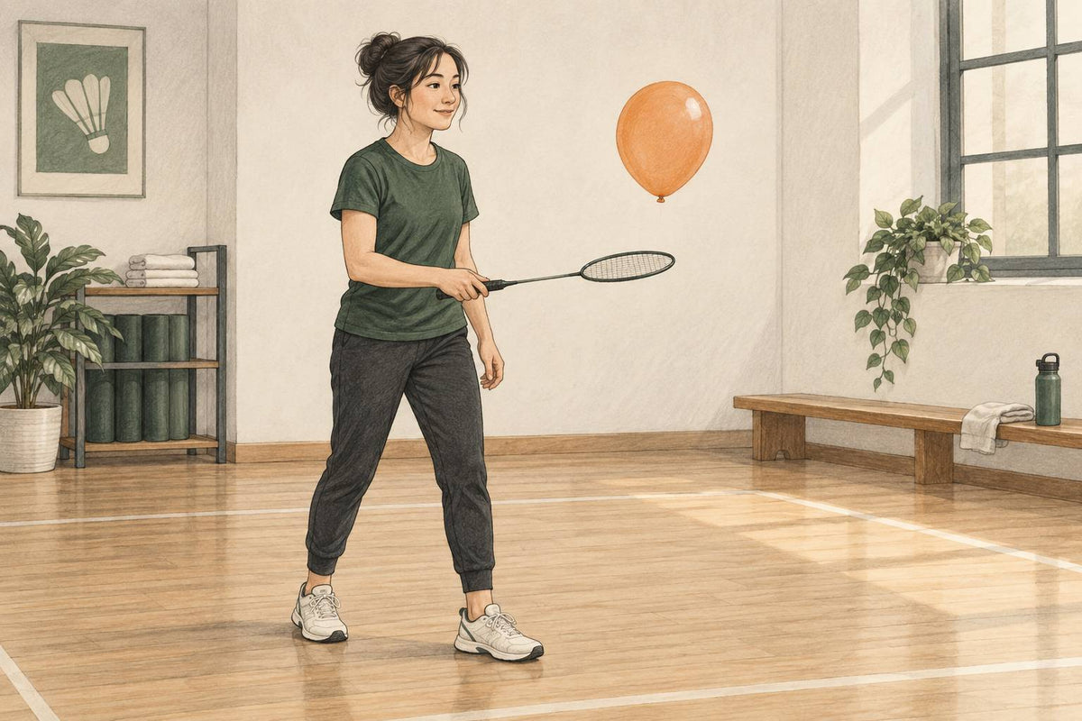 Editorial illustration of one badminton beginner practising a slow balloon-control drill.