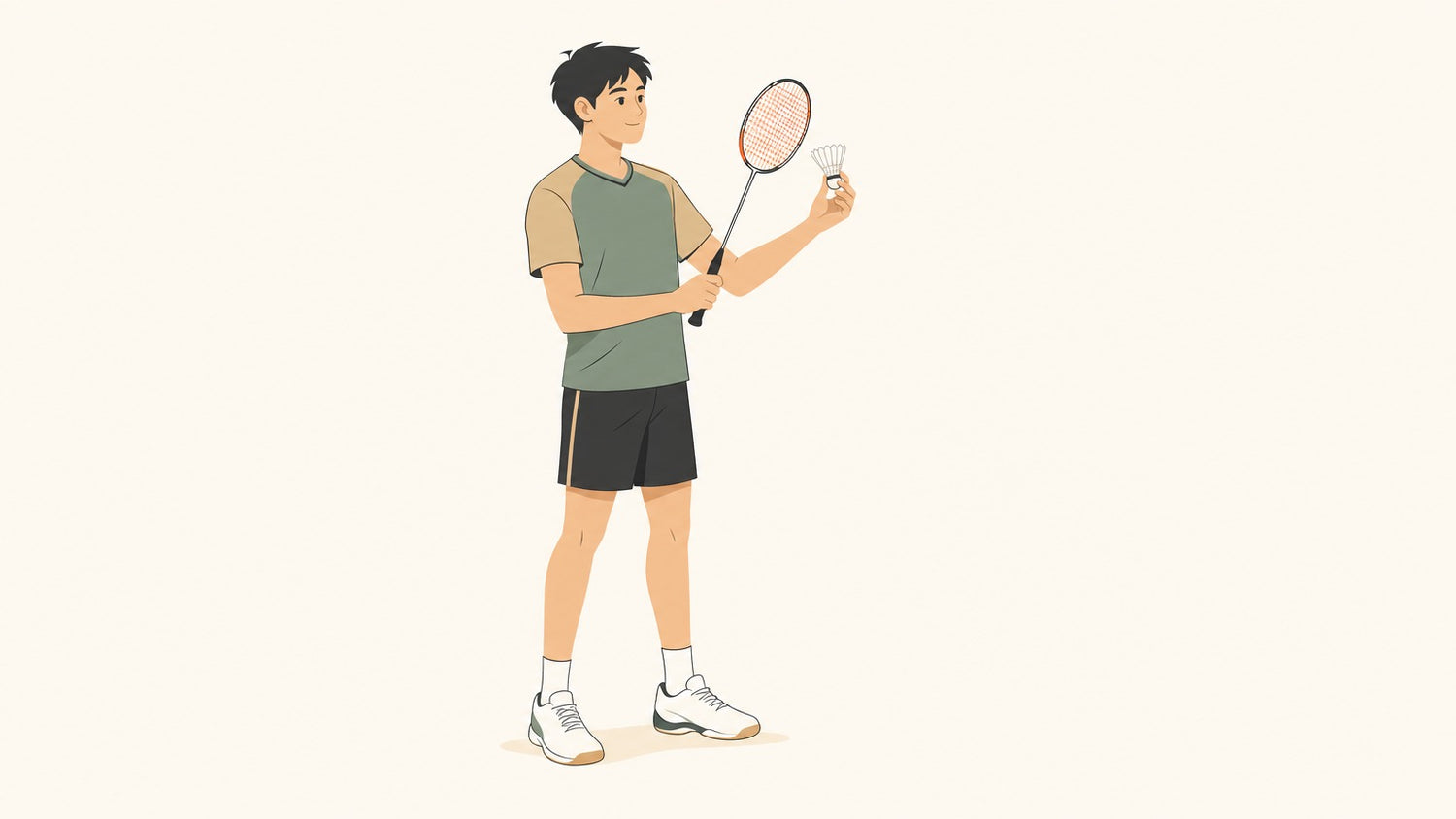 Flat vector badminton player checking racket face angle beside a shuttlecock