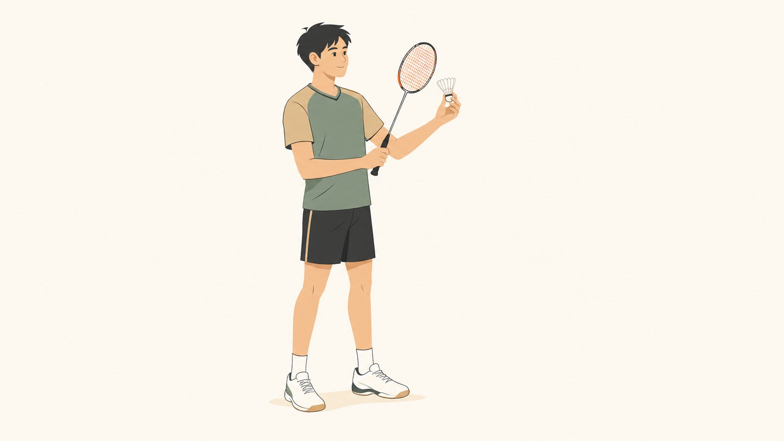 Flat vector badminton player checking racket face angle beside a shuttlecock